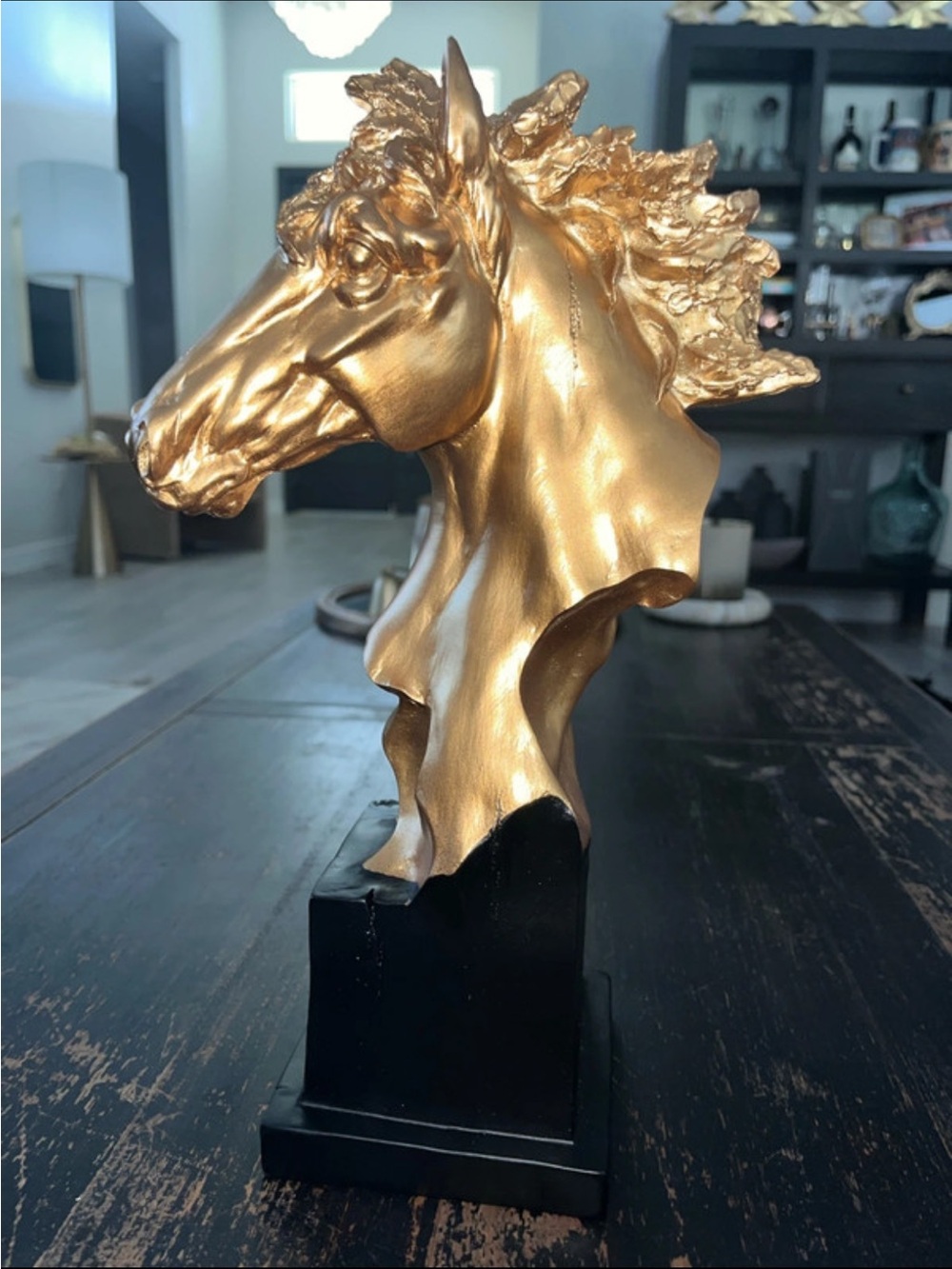 Golden Horse Head Statue 12" - Equestrian Trophy Sculpture on Black Base - Gold